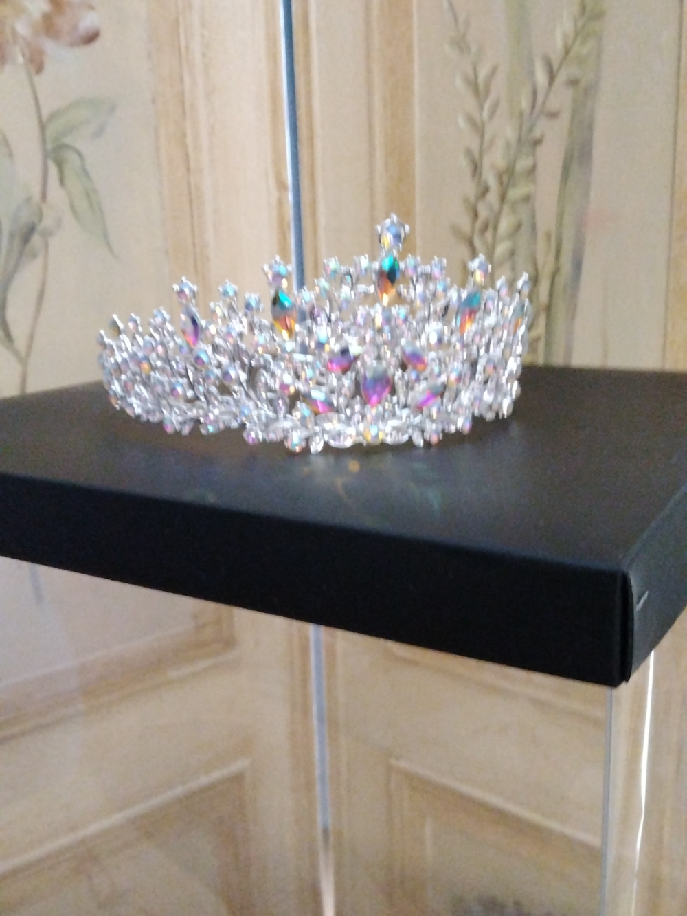 Silver Crystal Tiara Crown with Iridescent Accents - Women Accessories